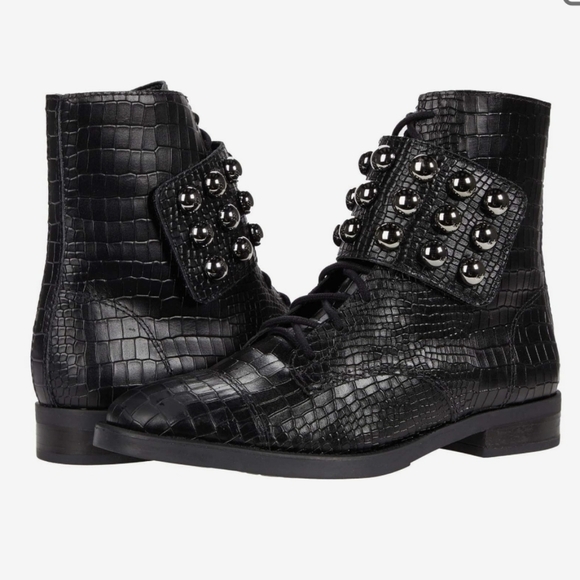 SCHUTZ Marieta Croc Embossed Leather Booties In Black Size 9 B - Picture 1 of 15